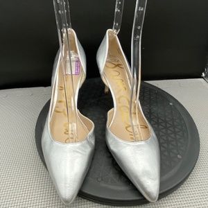 Sam Edelman Classic Leather Pump Womens Size 9 Silver D'Orsay Pointed Toe Heel